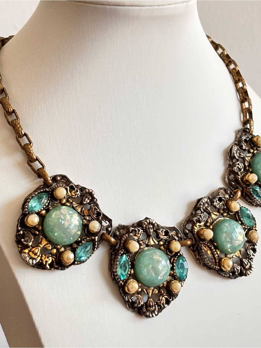 Art Deco Revival Necklace with Mint Turquoise Cabochons Artisan